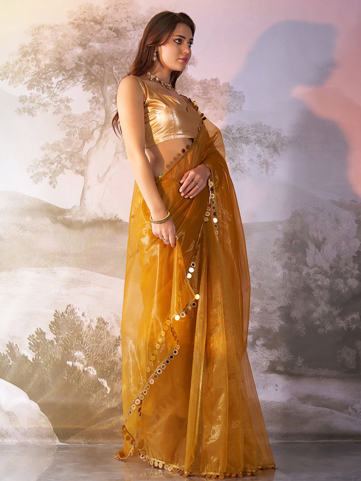 Mustard Color twill net saree with designer lace and unstitched blouse