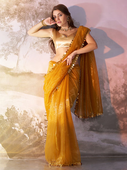 Mustard Color twill net saree with designer lace and unstitched blouse