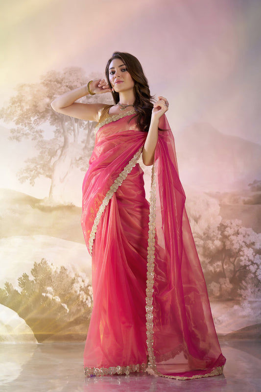 Red Color Twill Net with Designer Lace Party Wear Saree