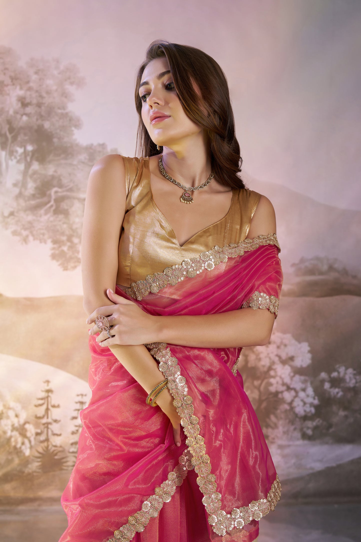 Red Color Twill Net with Designer Lace Party Wear Saree