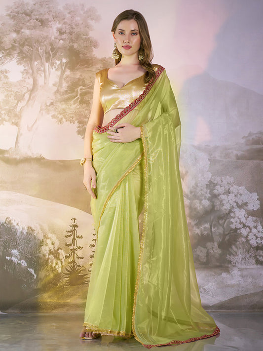 Lime yellow Color twill net saree with designer lace and unstitched blouse