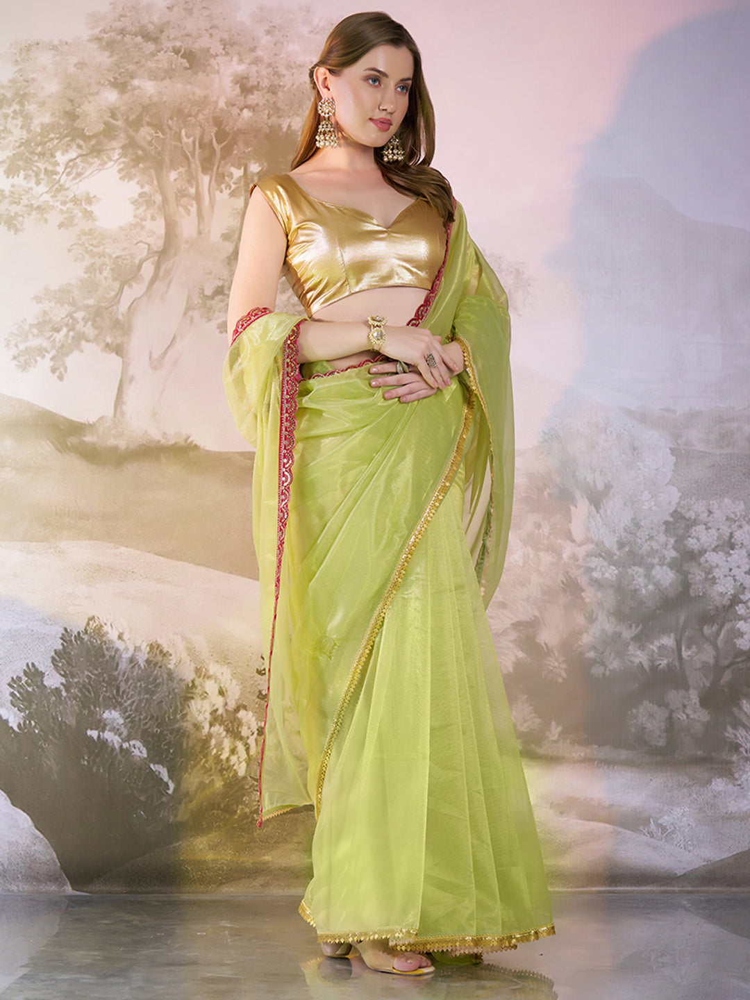 Lime yellow Color twill net saree with designer lace and unstitched blouse