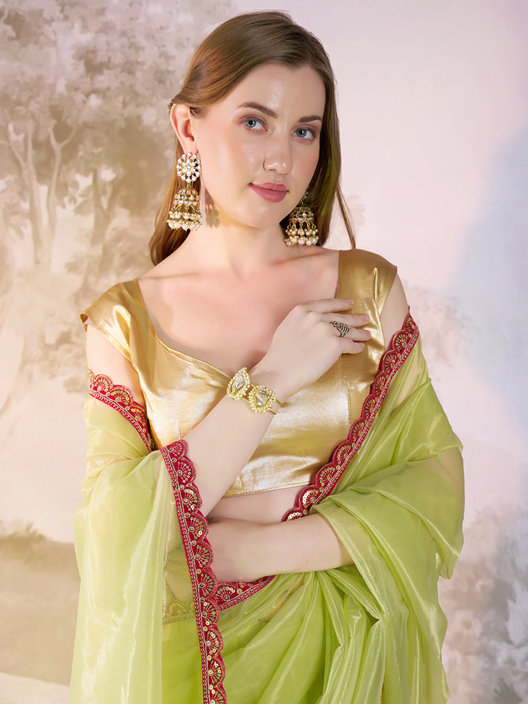 Lime yellow Color twill net saree with designer lace and unstitched blouse