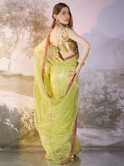 Lime yellow Color twill net saree with designer lace and unstitched blouse