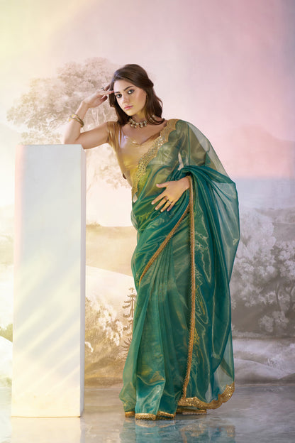 Sea green Color twill net saree with designer lace and unstitched blouse