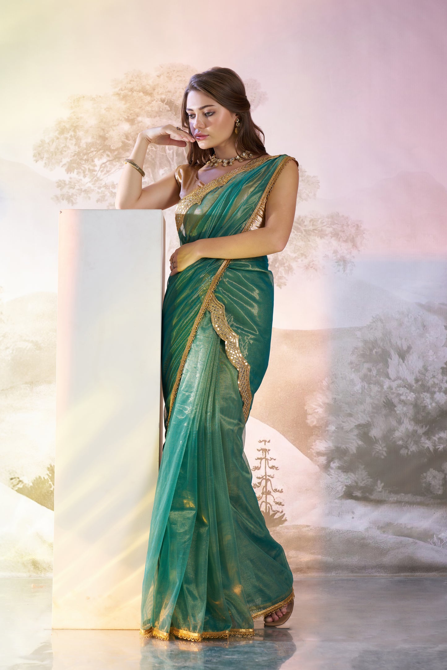 Sea green Color twill net saree with designer lace and unstitched blouse