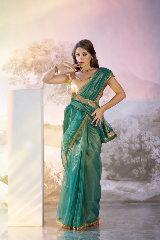 Sea green Color twill net saree with designer lace and unstitched blouse