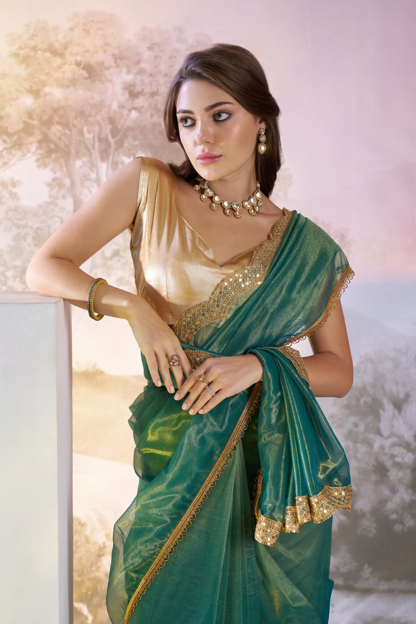 Sea green Color twill net saree with designer lace and unstitched blouse