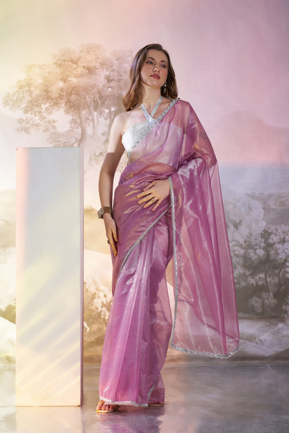 Lavender Color twill net saree with designer lace and unstitched blouse