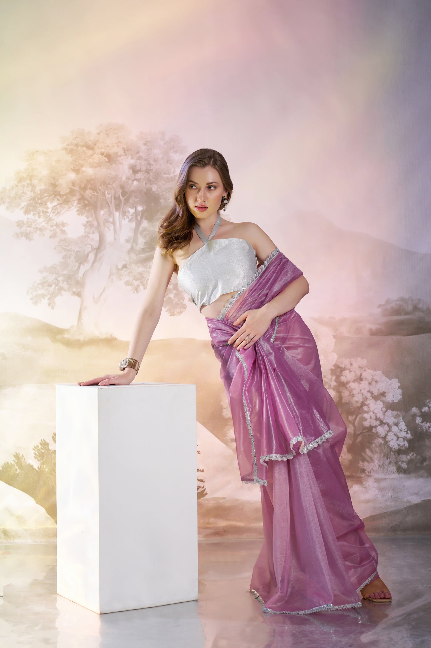 Lavender Color twill net saree with designer lace and unstitched blouse