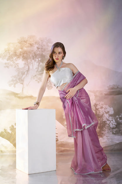 Lavender Color twill net saree with designer lace and unstitched blouse