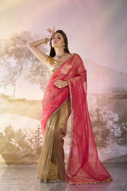 Pink Color twill net saree with designer lace and unstitched blouse