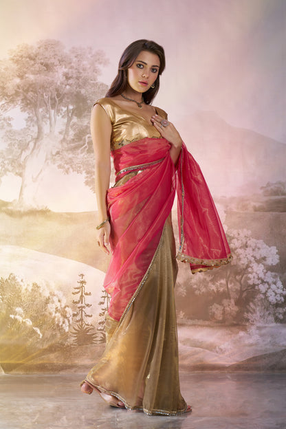 Pink Color twill net saree with designer lace and unstitched blouse
