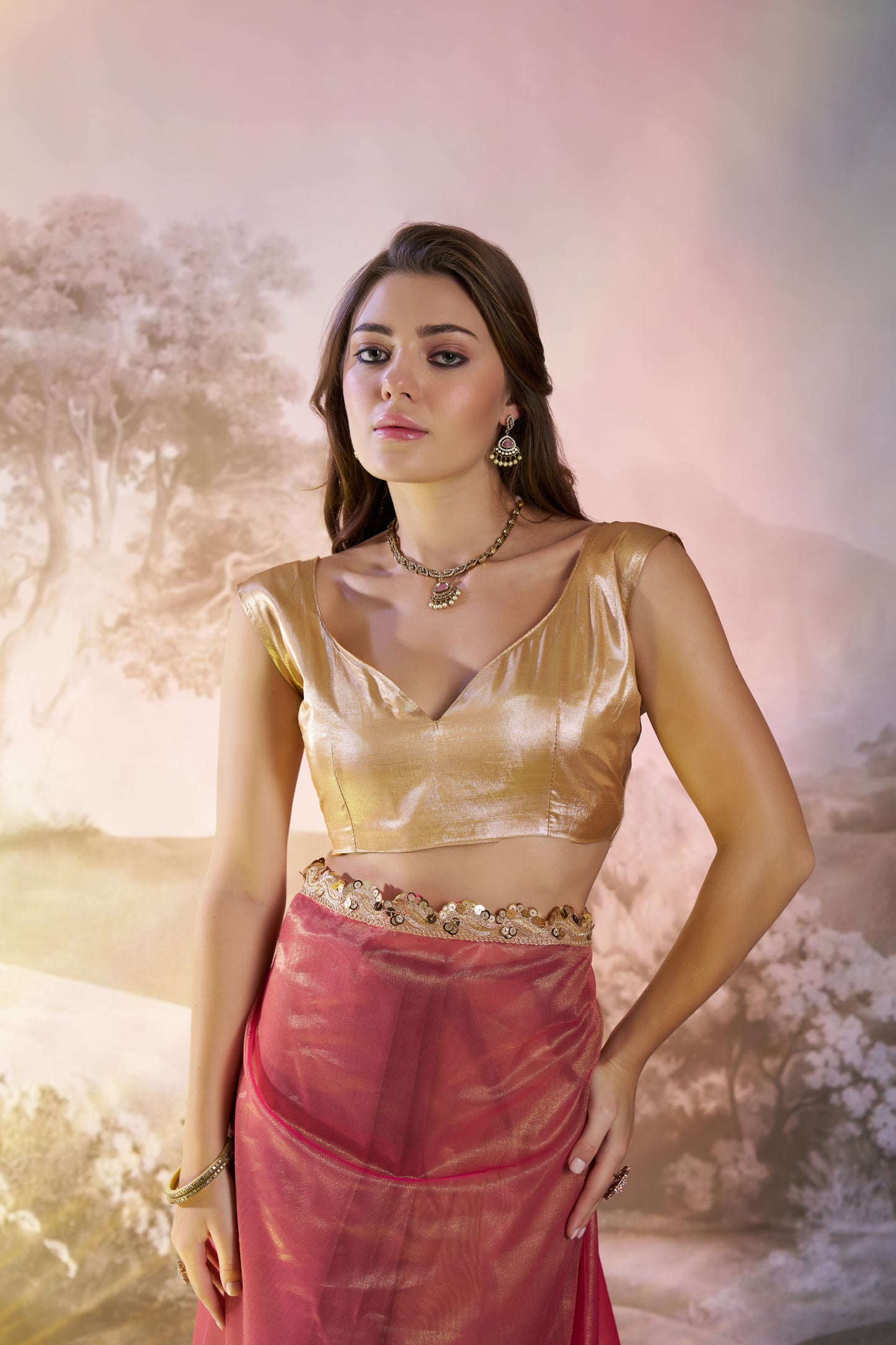 Pink Color twill net saree with designer lace and unstitched blouse