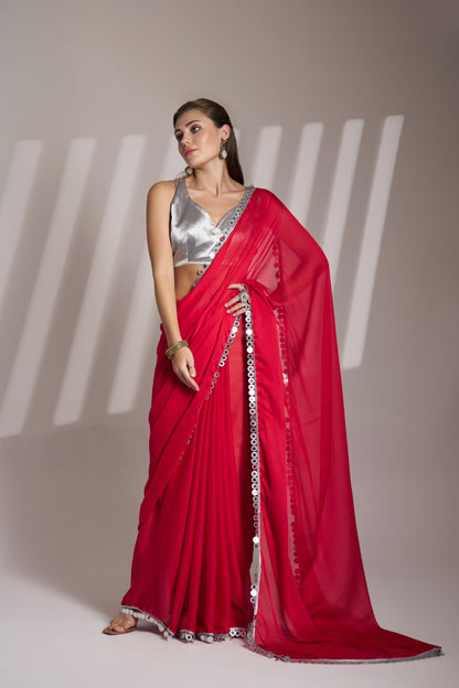 Red Color Satin Rangoli Saree with Fancy Lace & Unstitched Blouse