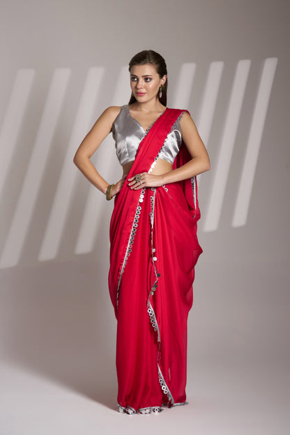 Red Color Satin Rangoli Saree with Fancy Lace & Unstitched Blouse