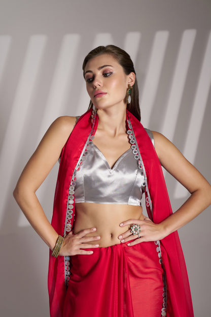 Red Color Satin Rangoli Saree with Fancy Lace & Unstitched Blouse