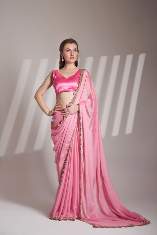 Pink Chiffon Saree with Designer Lace for Party Wear