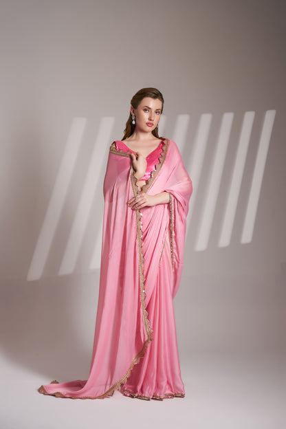 Pink Chiffon Saree with Designer Lace for Party Wear