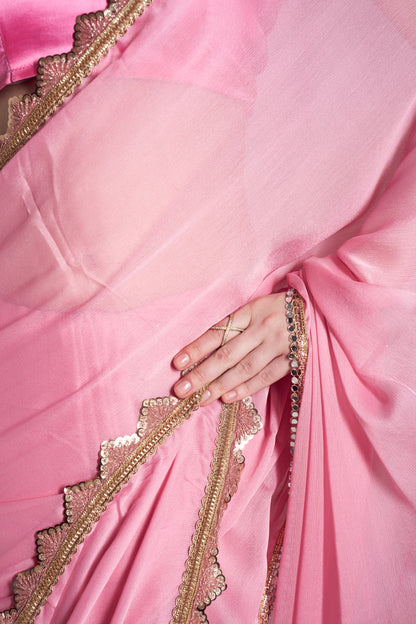 Pink Chiffon Saree with Designer Lace for Party Wear