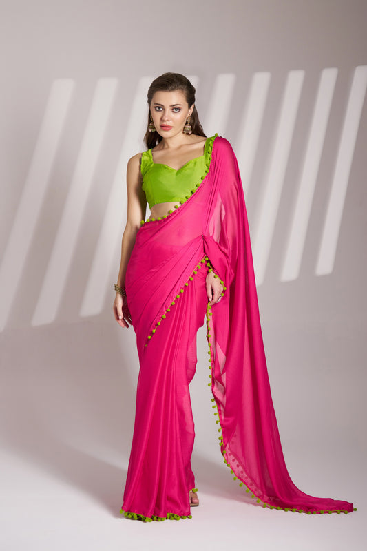 Pink color chiffon fabric saree with designer lace and unstitched blouse