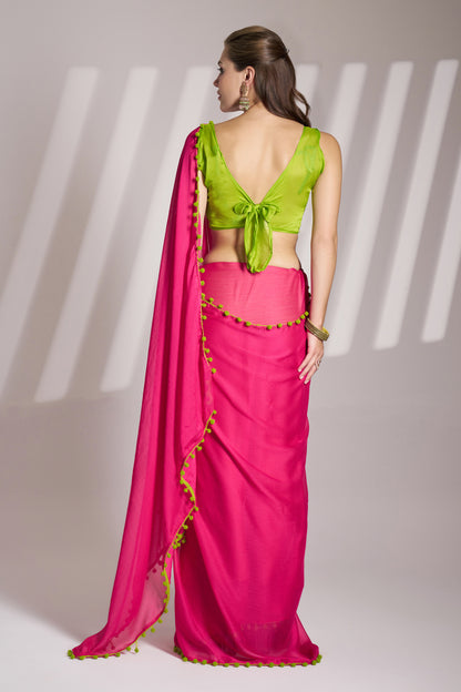 Pink color chiffon fabric saree with designer lace and unstitched blouse