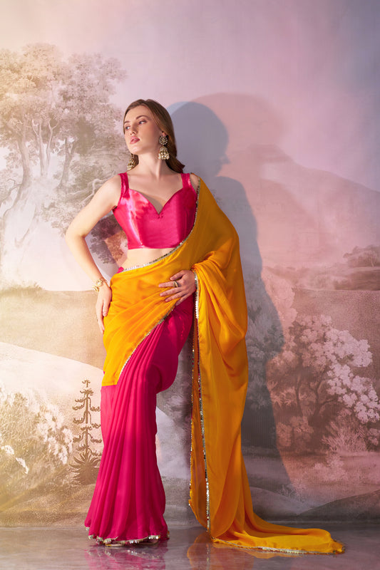 Musturd and Pink color chiffon fabric saree with designer lace and unstitched blouse