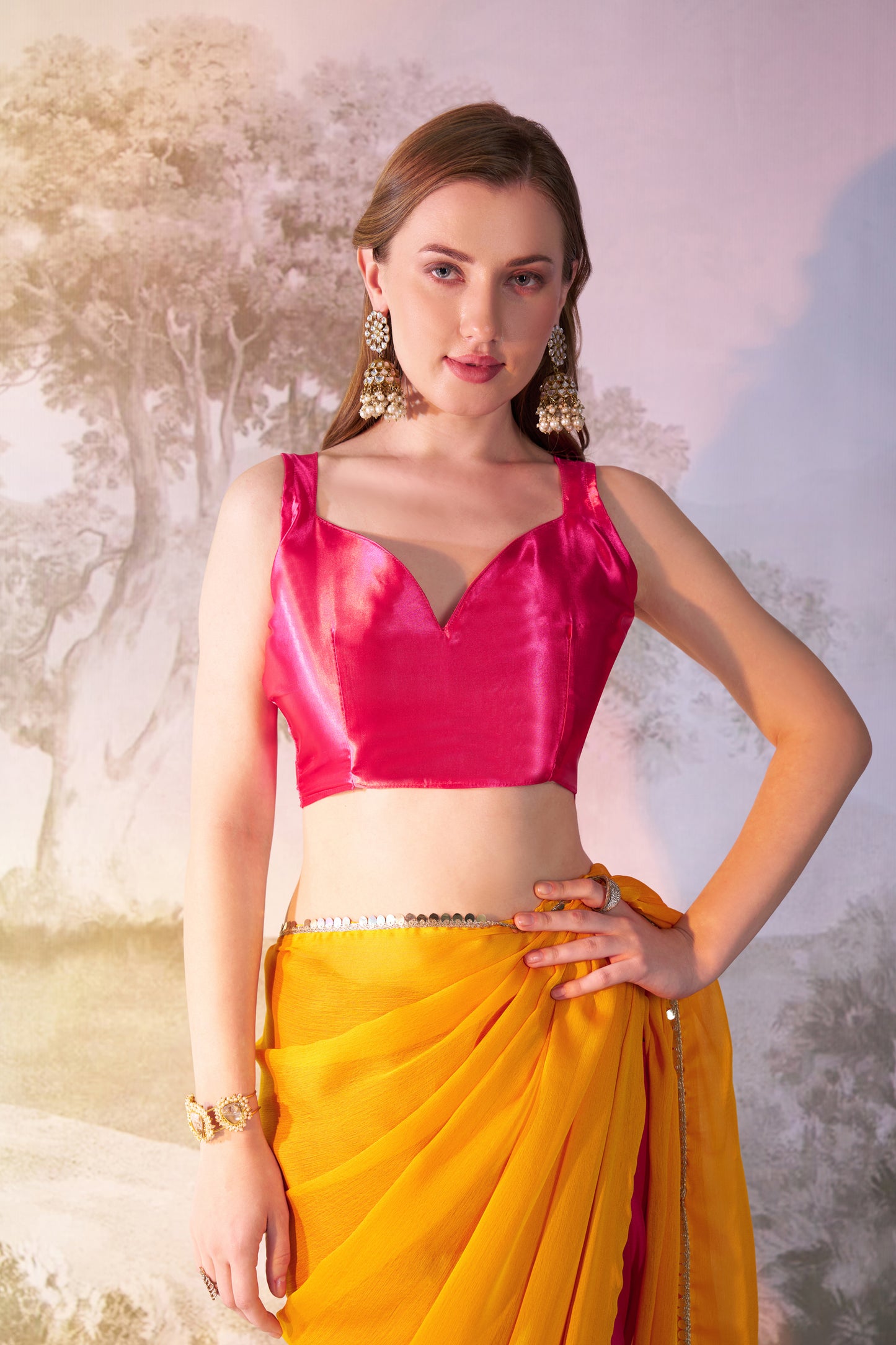 Musturd and Pink color chiffon fabric saree with designer lace and unstitched blouse