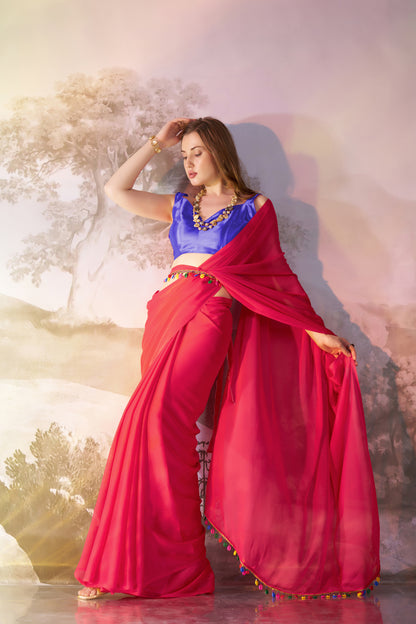 Red color chiffon fabric saree with designer lace and unstitched blouse