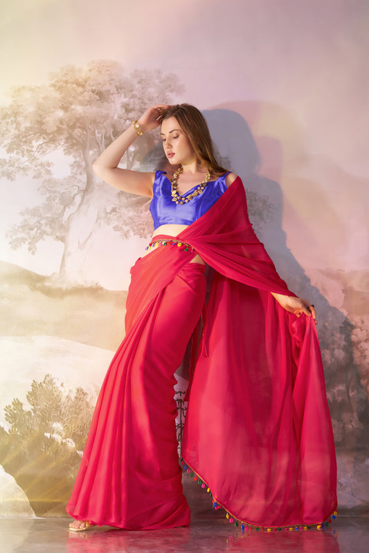 Red color chiffon fabric saree with designer lace and unstitched blouse