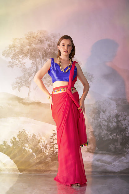 Red color chiffon fabric saree with designer lace and unstitched blouse