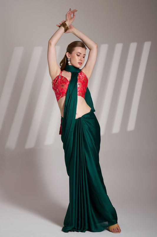 Green color chiffon fabric saree with designer lace and unstitched blouse