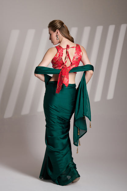 Green color chiffon fabric saree with designer lace and unstitched blouse