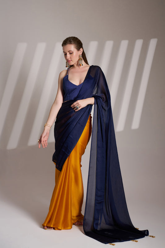 Blue and Mustard Satin Rangoli Saree with Fancy Lace – Party & Festive Wear