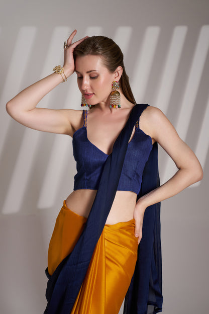 Blue and Mustard Satin Rangoli Saree with Fancy Lace – Party & Festive Wear