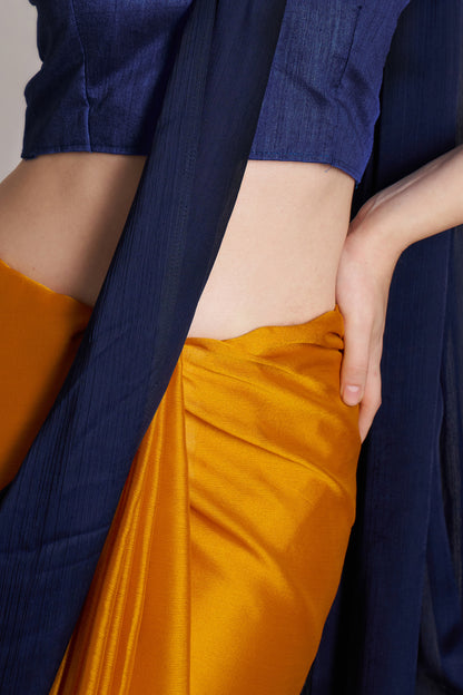 Blue and Mustard Satin Rangoli Saree with Fancy Lace – Party & Festive Wear