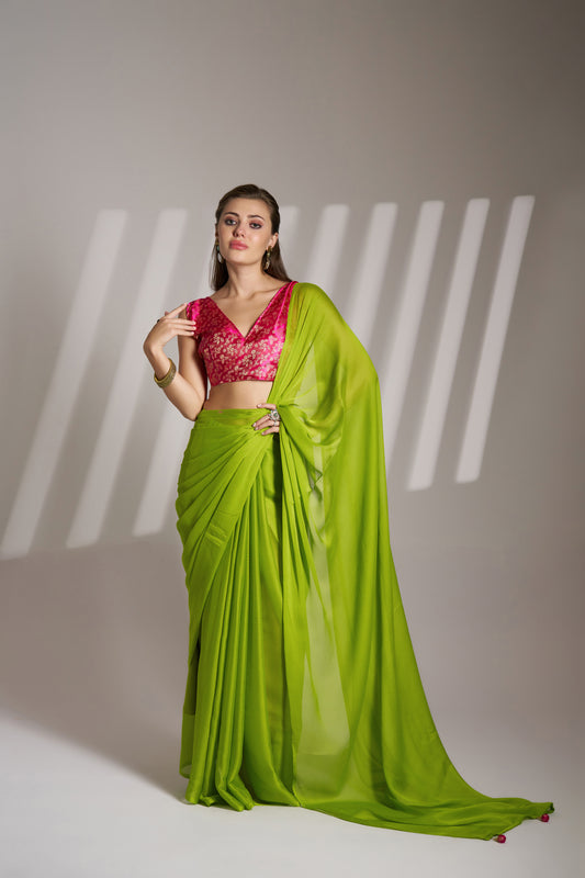 Green Chiffon Saree with Designer Lace and Unstitched Blouse – Party & Festive Wear
