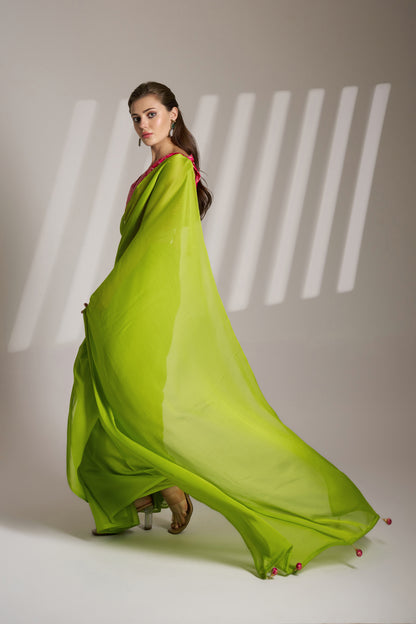 Green Chiffon Saree with Designer Lace and Unstitched Blouse – Party & Festive Wear