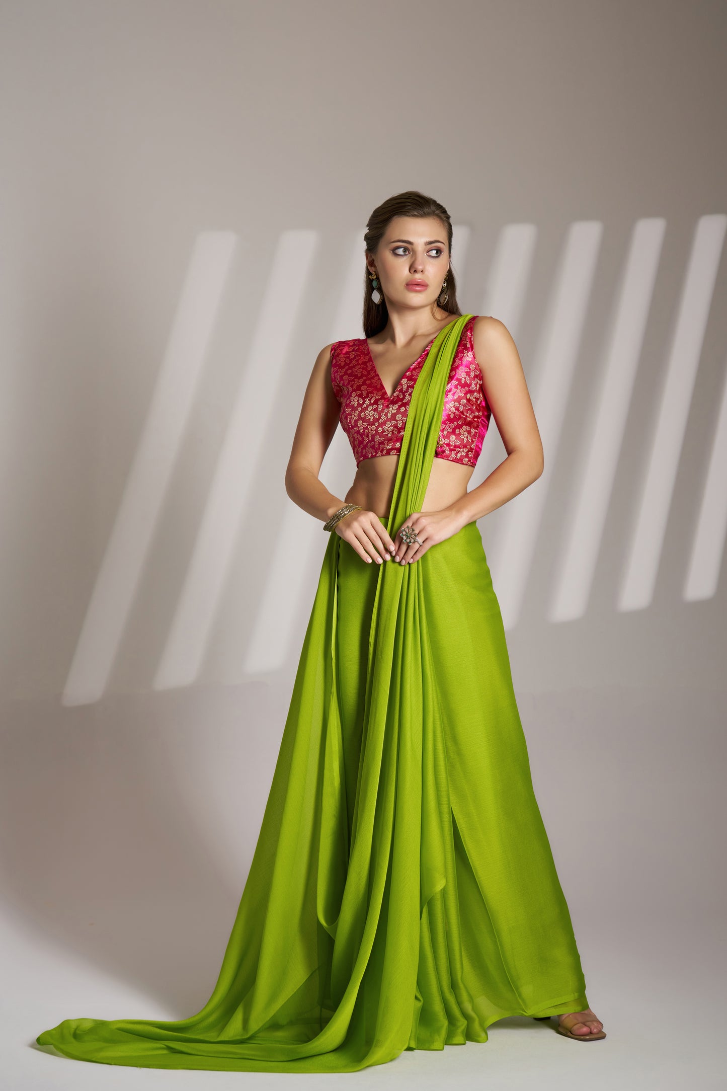 Green Chiffon Saree with Designer Lace and Unstitched Blouse – Party & Festive Wear