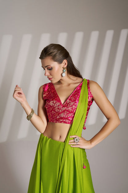 Green Chiffon Saree with Designer Lace and Unstitched Blouse – Party & Festive Wear