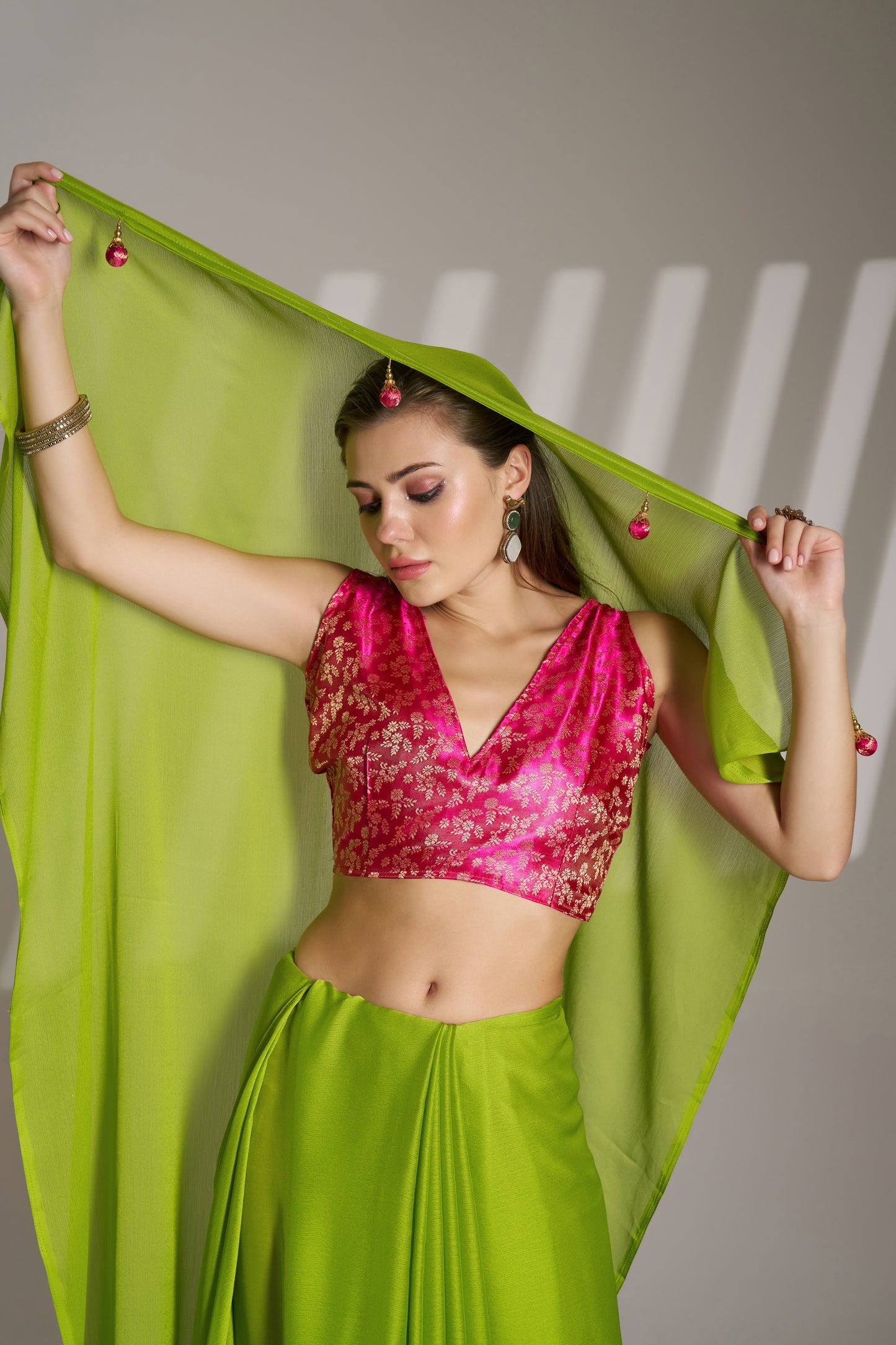 Green Chiffon Saree with Designer Lace and Unstitched Blouse – Party & Festive Wear