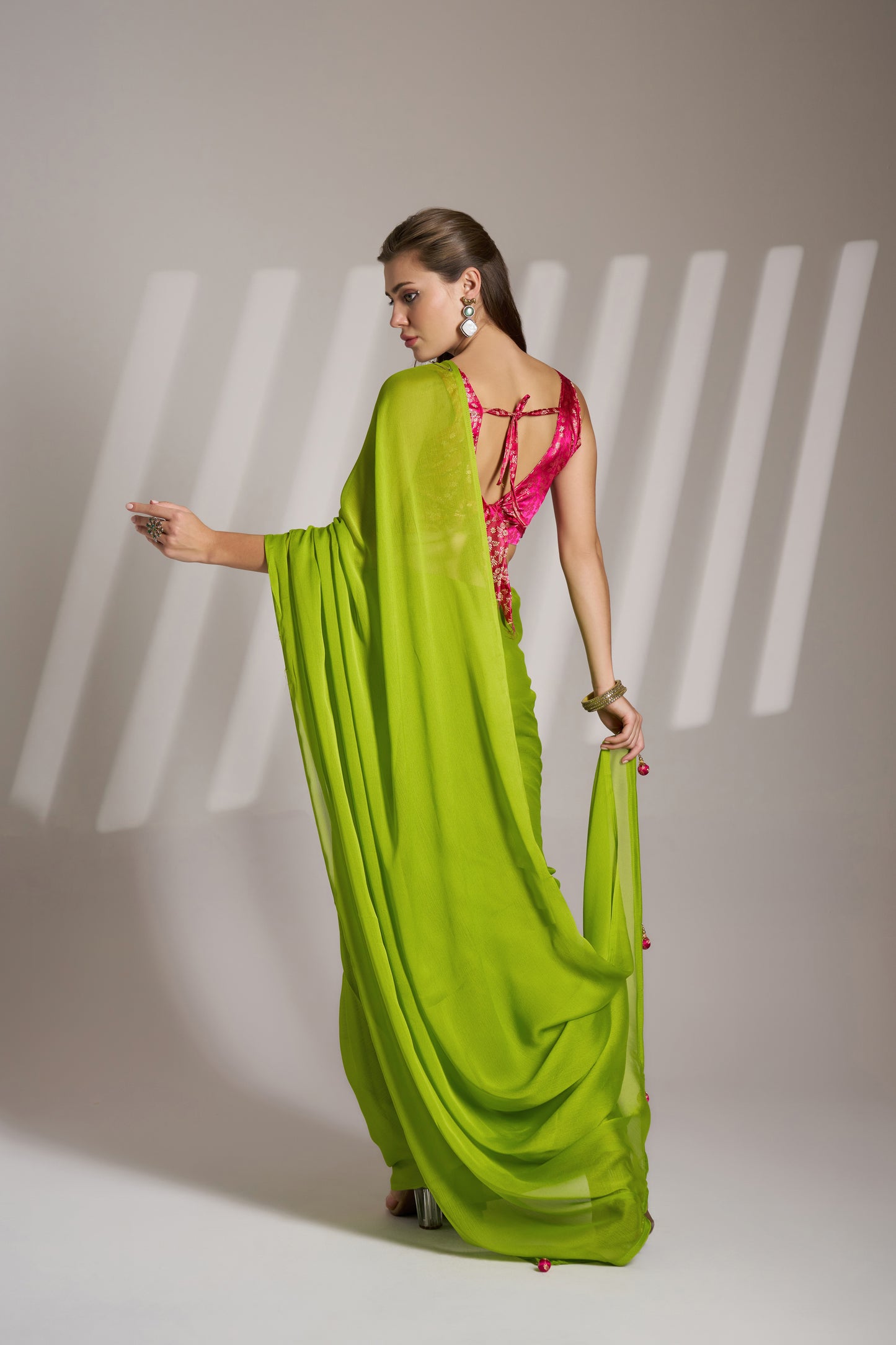 Green Chiffon Saree with Designer Lace and Unstitched Blouse – Party & Festive Wear