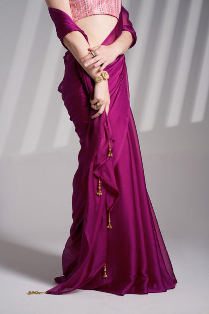 Magenta Chiffon Party Wear Saree with Fancy Tassels