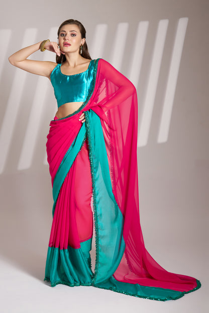 Stunning Georgette Saree in Crimson Red & Turquoise Blue with Designer Lace