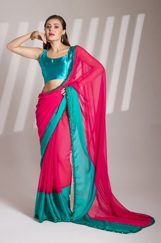 Stunning Georgette Saree in Crimson Red & Turquoise Blue with Designer Lace