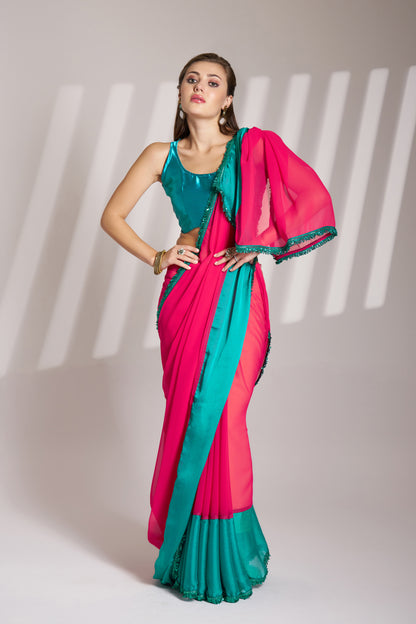 Stunning Georgette Saree in Crimson Red & Turquoise Blue with Designer Lace