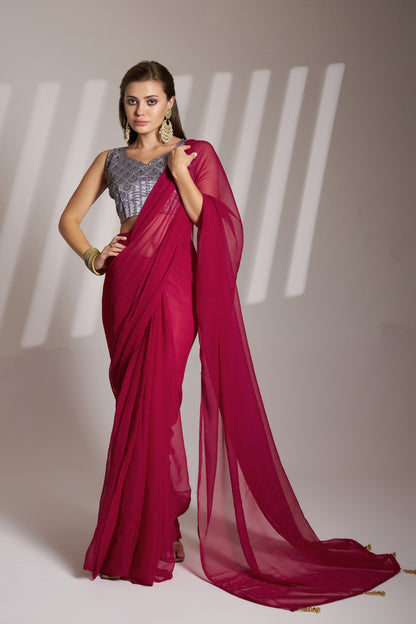 Hot Pink Shimmer Party Wear Saree with Fancy Tassels & Designer Blouse