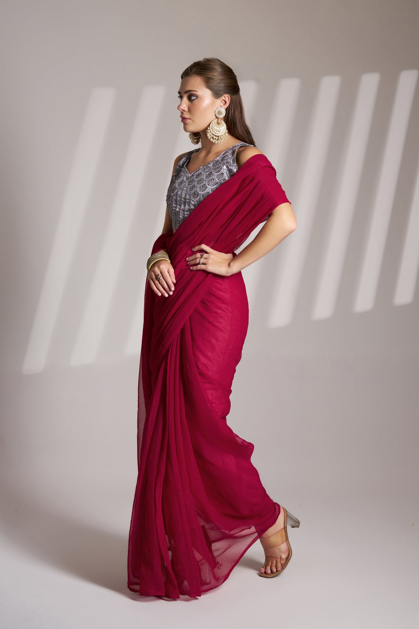 Hot Pink Shimmer Party Wear Saree with Fancy Tassels & Designer Blouse