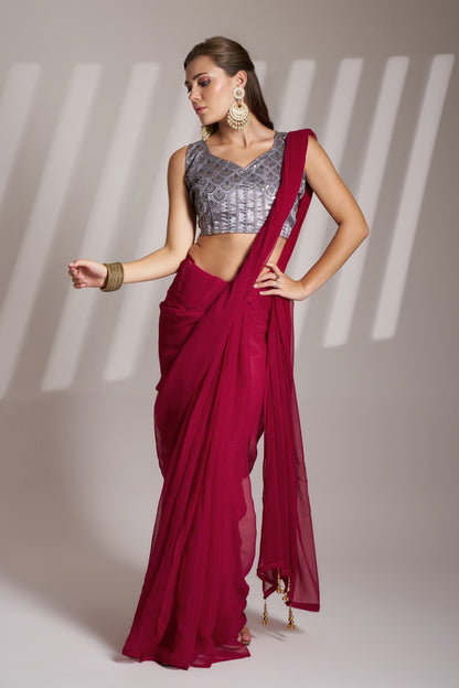 Hot Pink Shimmer Party Wear Saree with Fancy Tassels & Designer Blouse