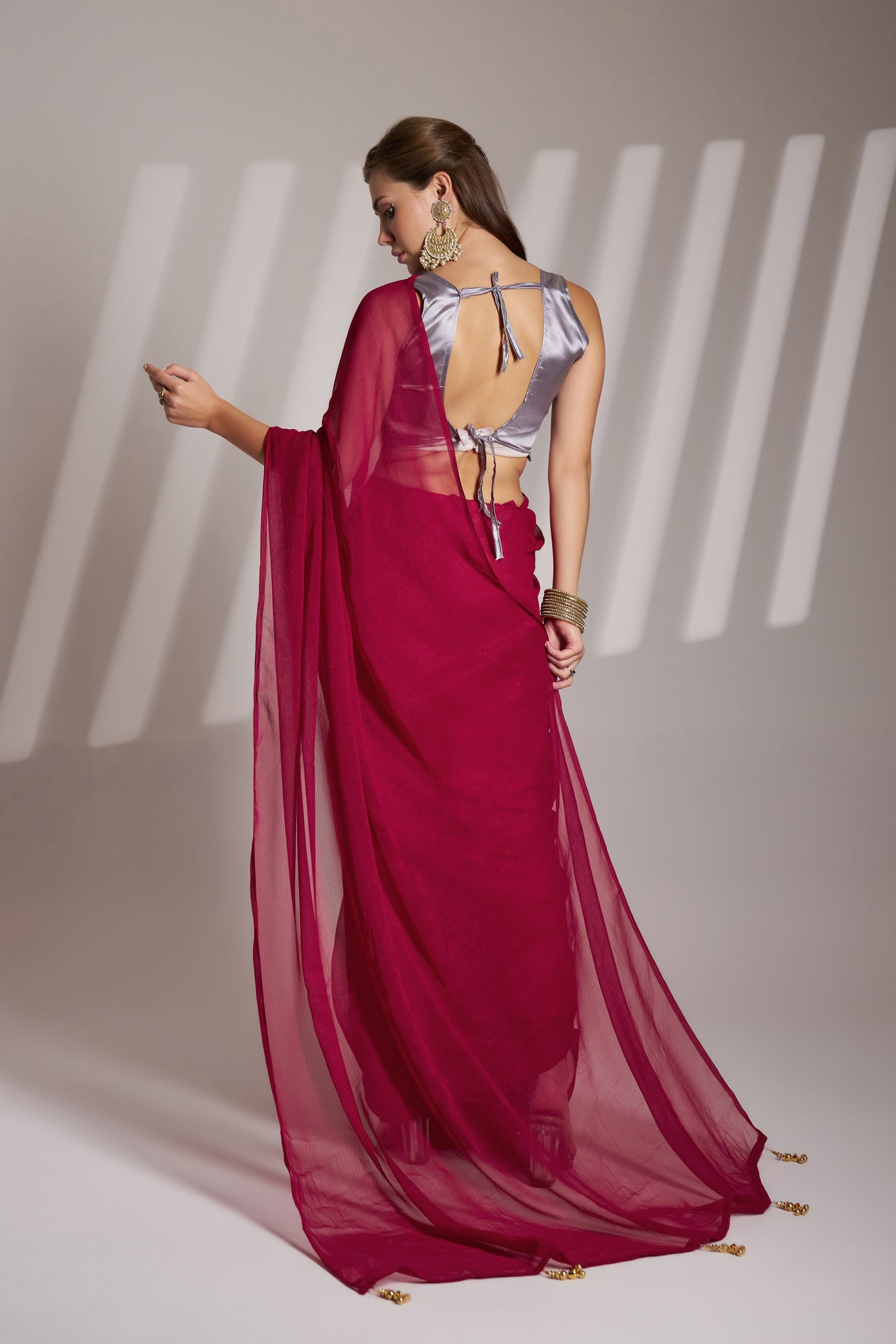 Hot Pink Shimmer Party Wear Saree with Fancy Tassels & Designer Blouse